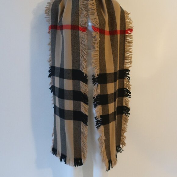 Womens Burberry Camel Black Red Wool Nova Check Print Fringed Scarf - Picture 6 of 10